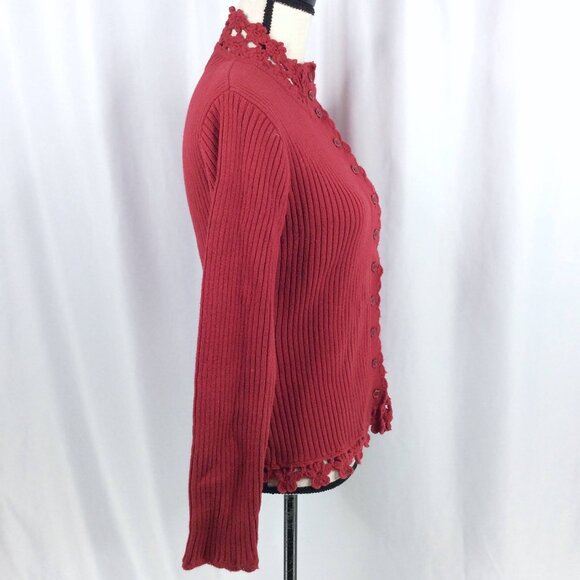 April Cornell Cardigan Sweater Womens Medium Red Ribbed Floral Crochet Button Up - Picture 2 of 9